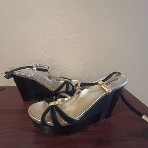 Prada Black and Gold Wedge Sandals